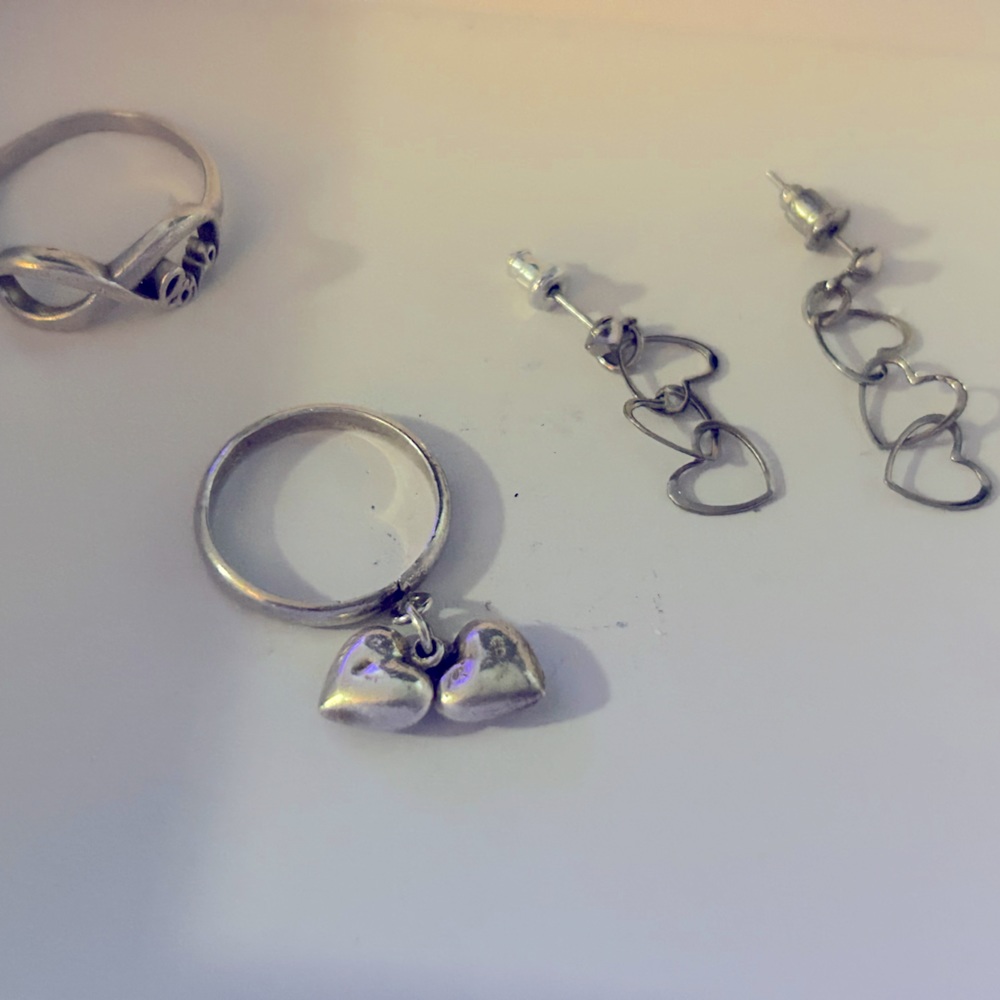 Sterling silver heart bundle, 2 rings, one pair heart dangling earrings